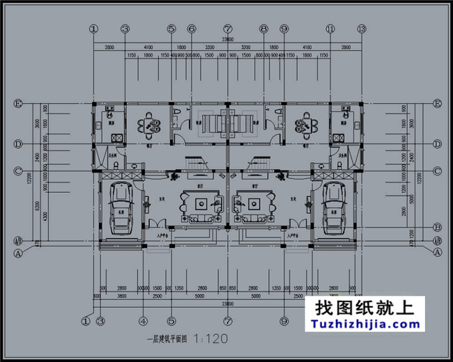 290平方米福建新农村三层双拼建筑设计图纸带外观图,23.8米x12.2米