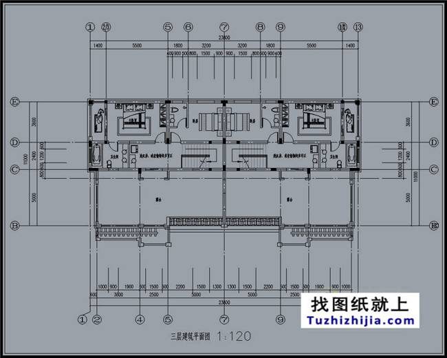 290平方米福建新农村三层双拼建筑设计图纸带外观图,23.8米x12.2米