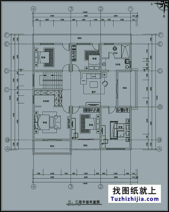 200平方米新农村三层小别墅设计施工图纸及效果图，14x14米