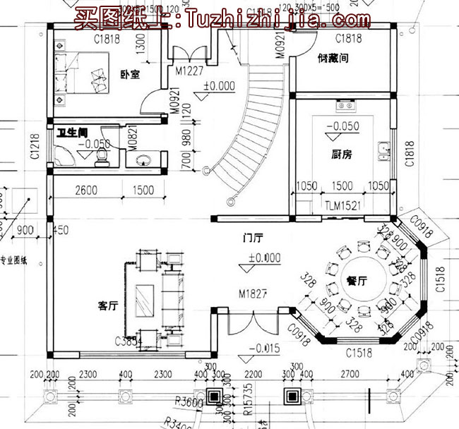 气派的带旋转楼梯三层别墅房屋设计图，户型很好