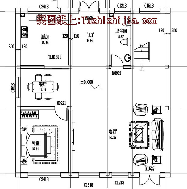 二层半大客厅复式别墅房屋设计图，客厅宽阔明亮