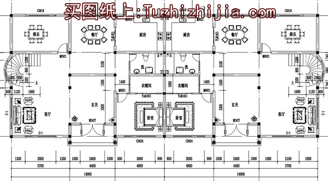 复式三层双拼别墅设计图，客厅中空，旋转楼梯