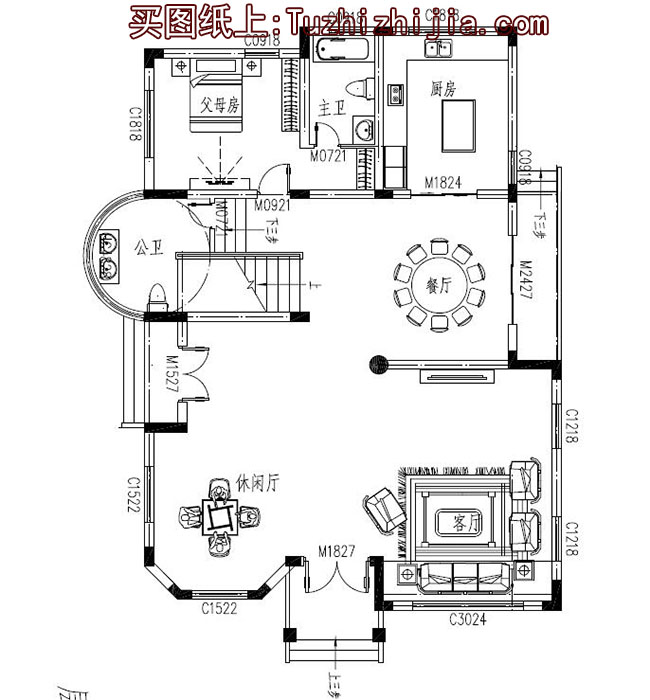 高端欧式四层别墅房屋施工图纸及效果图，圆弧大窗