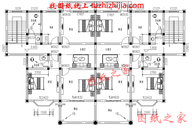 乡村兄弟二层双拼别墅设计图，单户120平米左右，户型合理