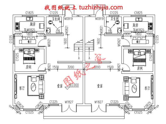 2018新农村三层双拼房屋设计图纸平面图与效果图，带堂屋