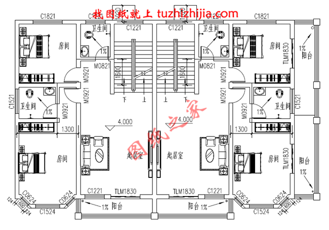 2018新农村三层双拼房屋设计图纸平面图与效果图，带堂屋