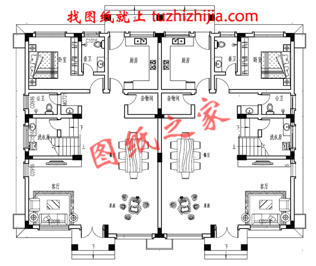 农村三层双拼别墅户型图及全套施工图纸，带书房，带衣帽间