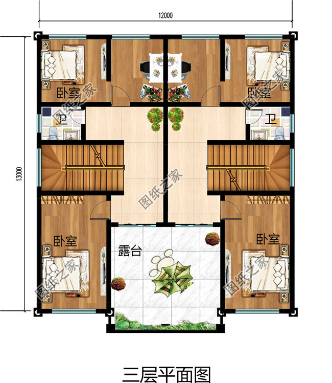 三层双拼别墅效果图及户型图，占地150平米