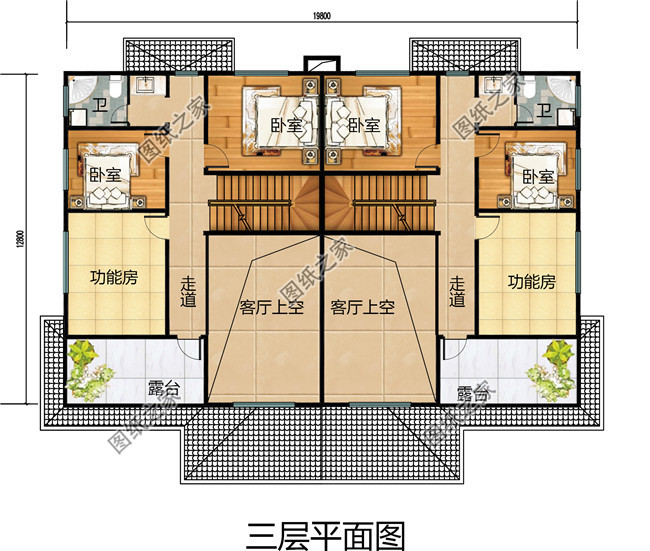 农村四间三层半双拼楼设计图，住三带人都没有问题！