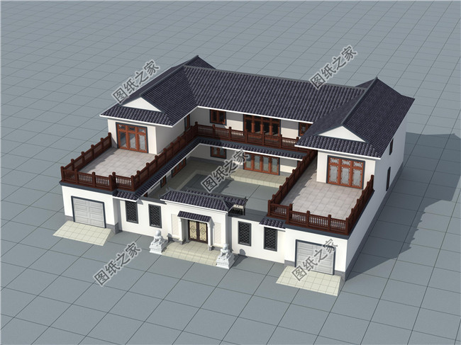 带双车库的新中式二层四合院别墅设计图