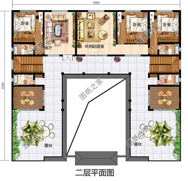 农村大户型中式二层四合院别墅设计图含外观效果图，户型经典、漂亮