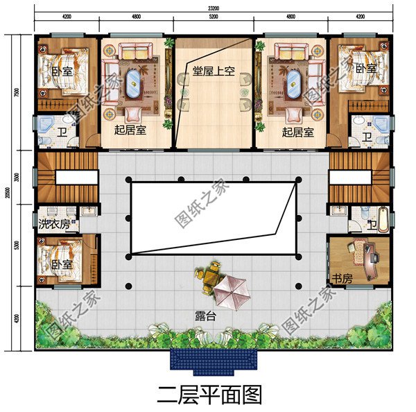 乡村典型自建房中式二层四合院别墅设计图，左右对称设计