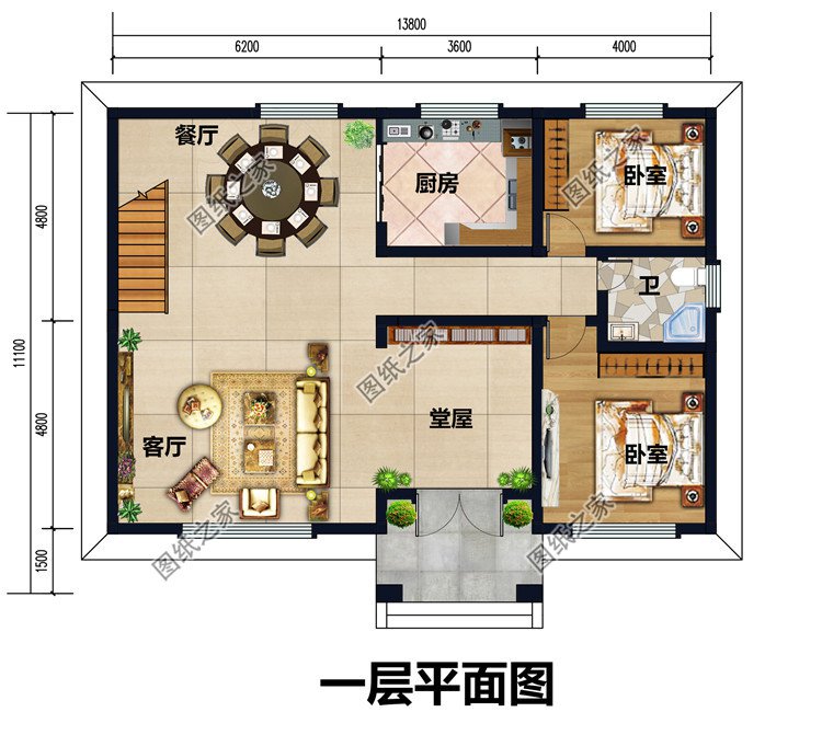 面宽13米二层乡村自建别墅户型图，带堂屋和露台