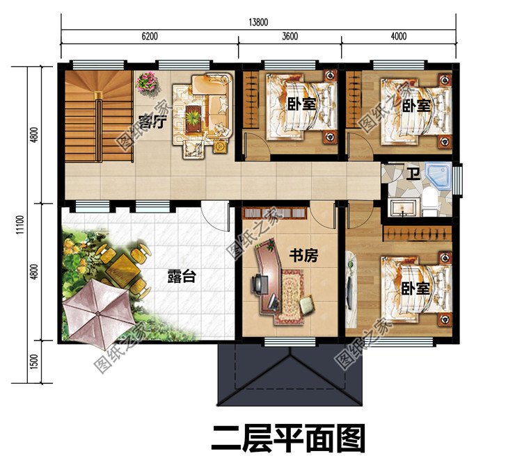 面宽13米二层乡村自建别墅户型图，带堂屋和露台