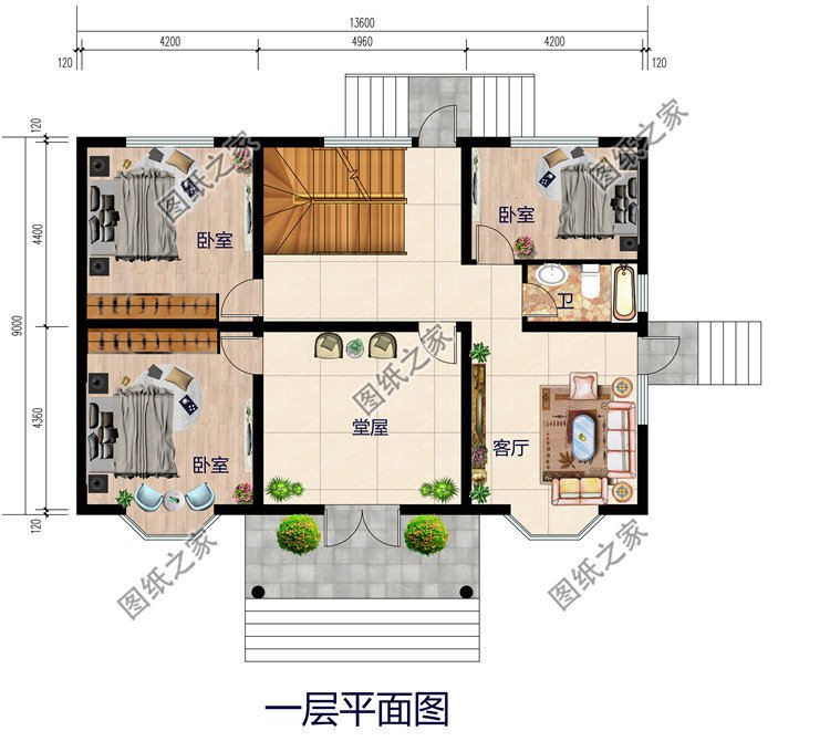 带堂屋二层小别墅设计图纸带外观图，17米x11米