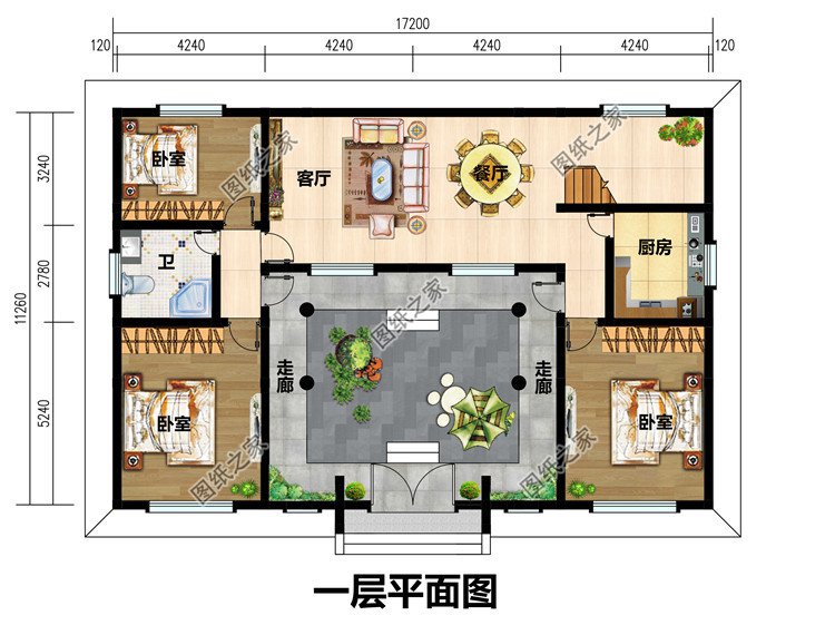 农村复式挑空客厅二层四合院设计图纸，外观对称设计