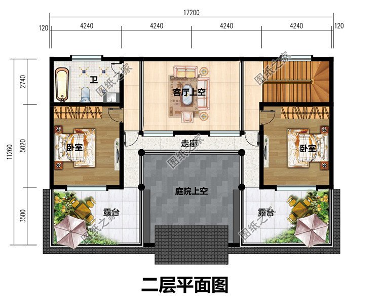 农村复式挑空客厅二层四合院设计图纸，外观对称设计