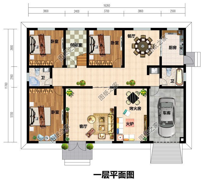 农村中式二层4开间别墅图纸设计方案图，带车库户型