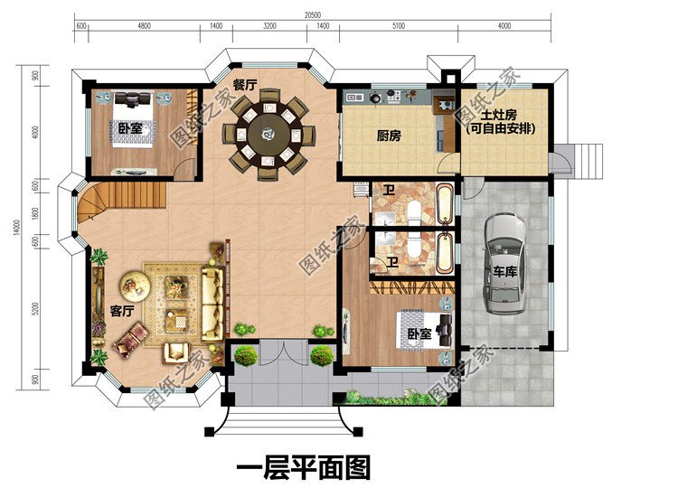 面宽20米大气的农村二层别墅设计图，户型带车库和土灶房设计