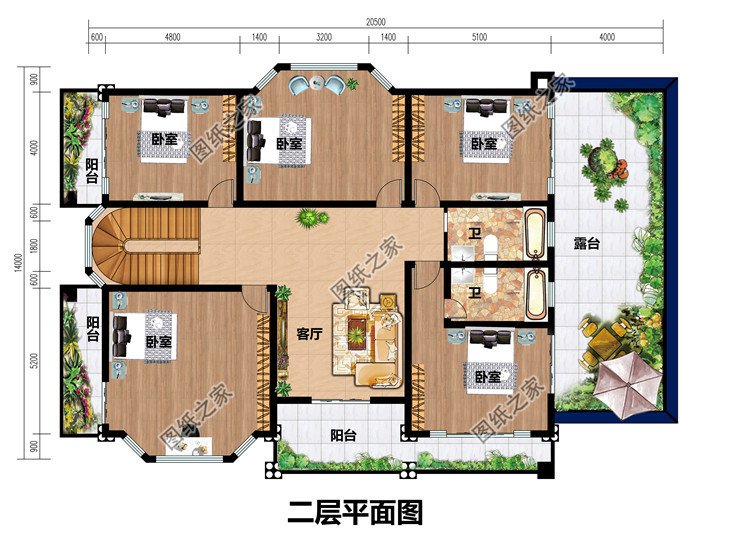 面宽20米大气的农村二层别墅设计图，户型带车库和土灶房设计