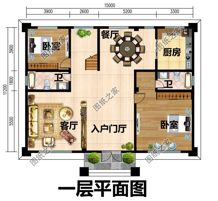 面宽15米大气的农村二层复式户型别墅