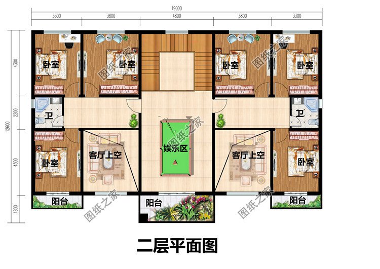 共用堂屋兄弟双拼别墅二层平面图