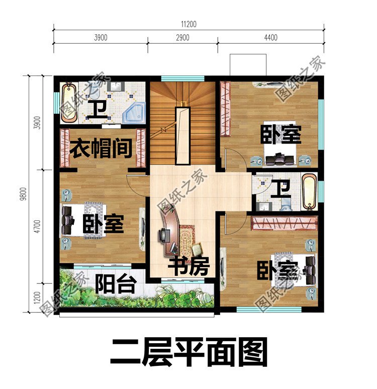 三层带露台的徽派别墅设计图二层