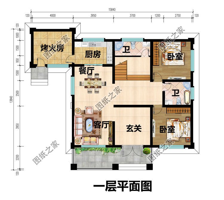 带配房的二层欧式别墅设计图一层平面图