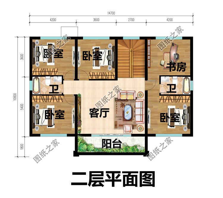 农村两层带地下室别墅设计图二层平面图