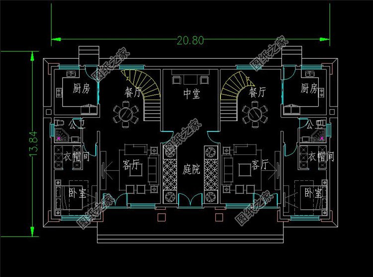 20米×13米三层双拼别墅设计图一层