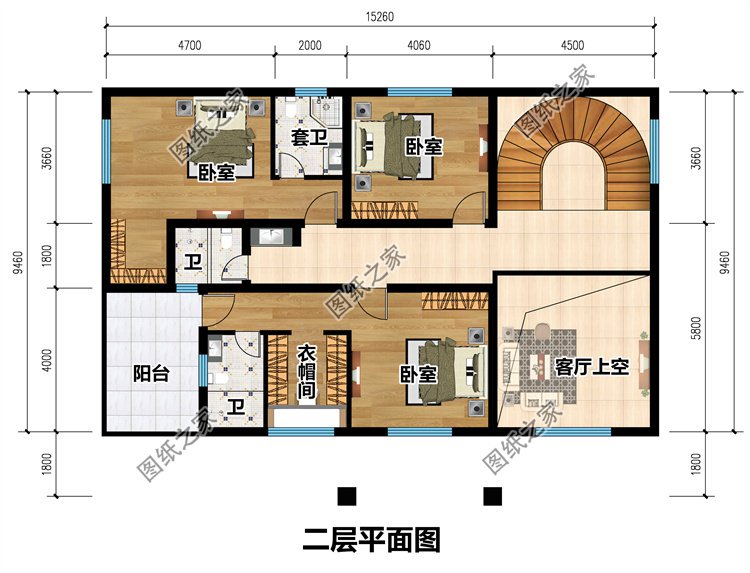 平顶三层农村别墅二层